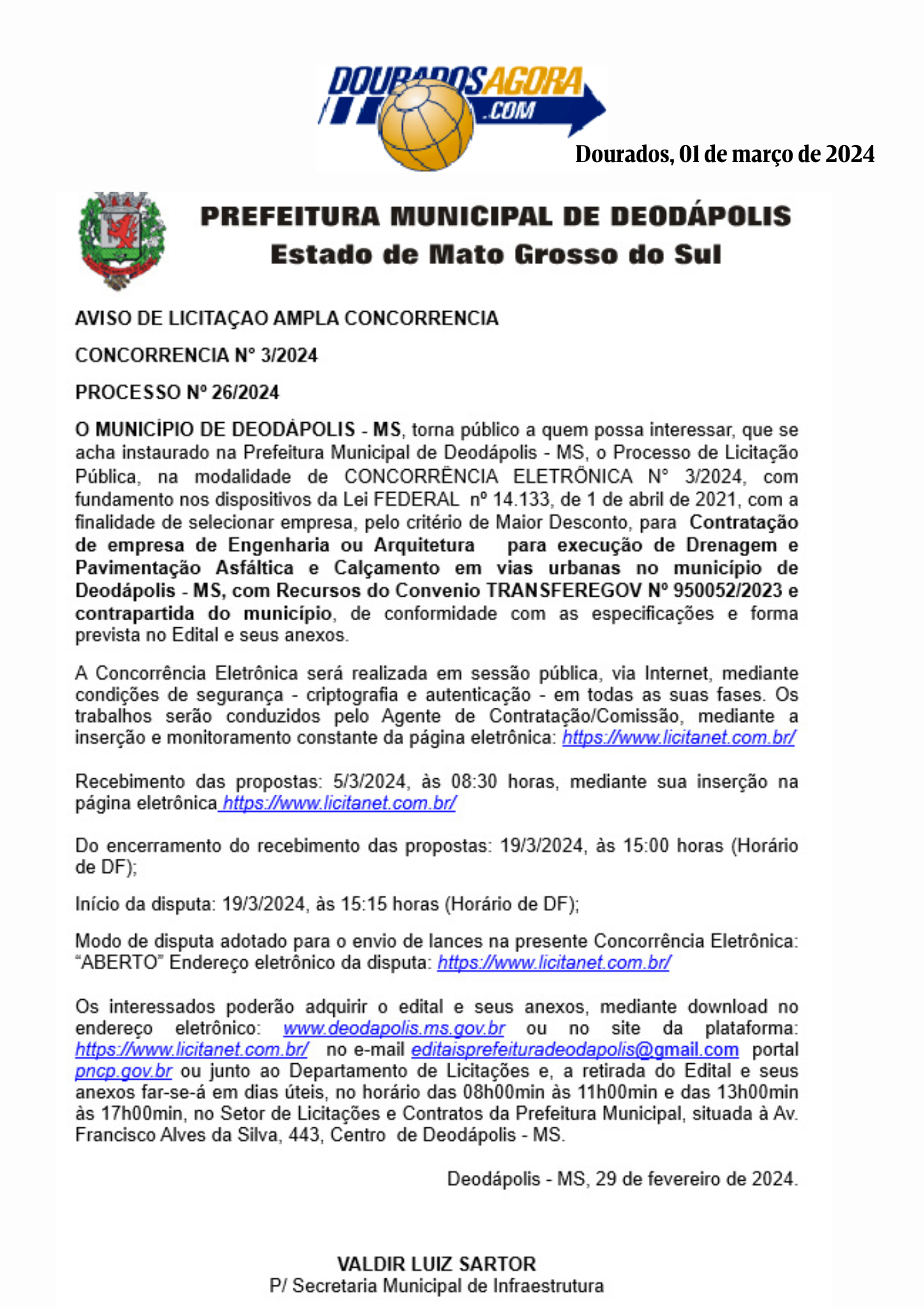 Aviso de licitação ampla concorrência
