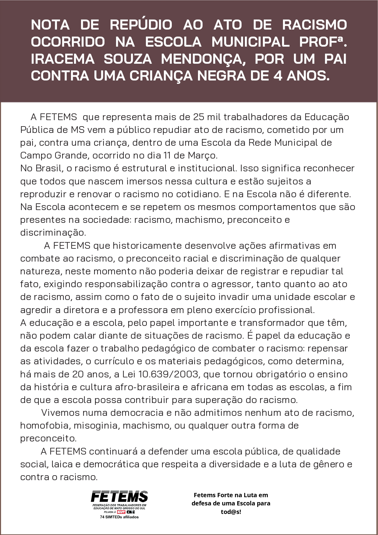 FETEMS: Nota de repúdio contra ato de racismo na escola Profª Iracema Souza Mendonça
